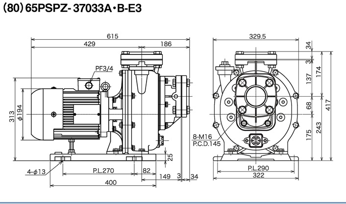 モータ 三相電機 50PSPZ-22033B-E3 自吸式ヒューガルポンプ(樹脂製海水用) 三相200V 60Hz :50PSPZ