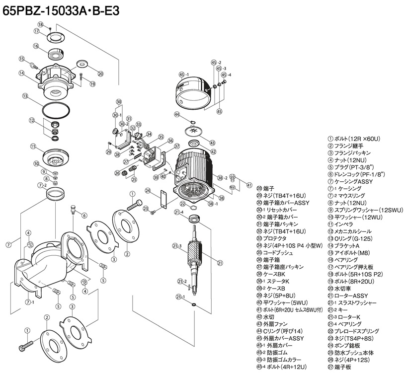 三相電機 ポンプ【50PBZ-15023B-E3】60Hz 鋳鉄製ラインポンプ(全閉モータ) 屋外設置可 